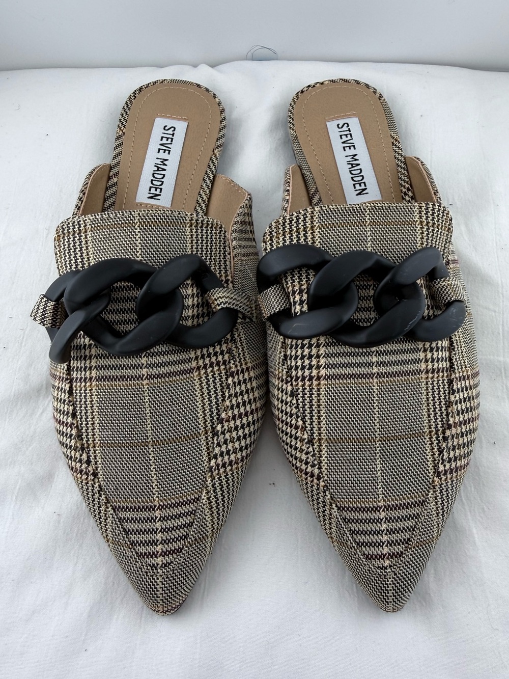 Steve Madden Plaid Pointed-Toe Mules with Black Chain Accent - Picture 2 of 3